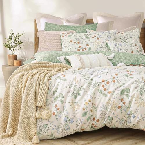 ALEISSEL Natural Cotton 3pcs Botanical Comforter Sets Queen Size-Green Comforter with Red & Blue Flowers,Gray Leaves on Off-White, Reversible Lightweight Bedding Sets(Full/Queen) ALEISSEL