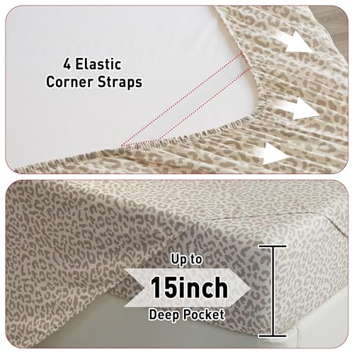 Drozeeo King Leopard Print Sheets, Cheetah Pattern King Size Sheet Set with Elastic Corner Straps, Soft Microfiber Animal Bedsheet, Beige Drozeeo