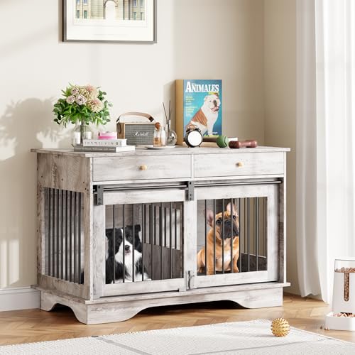 47" Dog Furniture Crate, Large Furniture Style Dog Crate for Large/Medium/Small Dogs (Retro Grey, One Cage) Garvee