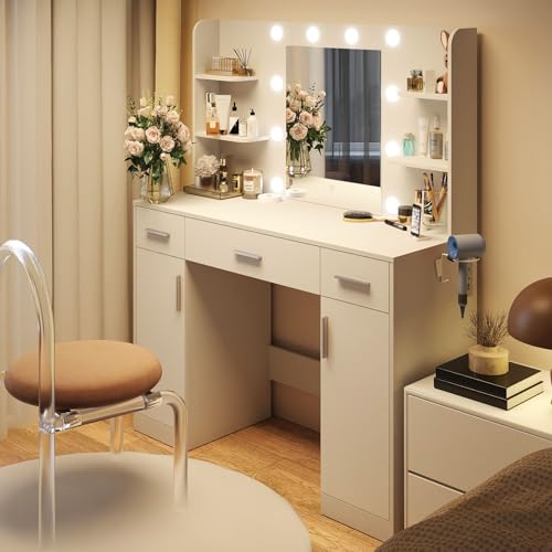 DUMOS Vanity Desk Makeup with Mirror LED Lights, White Table with Power Outlet 3 Drawer, 4 Storage Shelves & 2 Cabinets, 3 Lighting Modes & Adjustable Brightness, Dressing Tables for Bedroom DUMOS