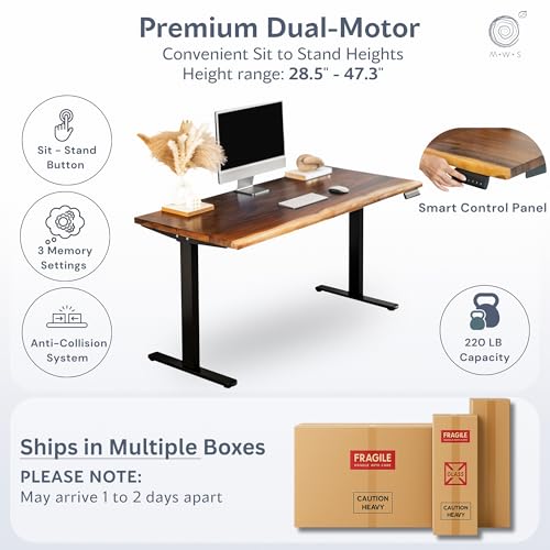 Walnut Standing Desk - W60 × D27 Solid Wood Live Edge Adjustable Height Sit Stand Desk - Stable Dual Motor Frame with Memory Presets, Quick Assembly - Stand Up Home Office Table by MWS Studio Modern Wood Style
