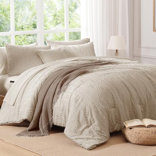 AMBERSPACE Queen Comforter Set Beige, Tufted Boho Bedding Farmhouse Bed Set, All Season 7 Pieces Bed in a Bag with Sheets, Pillowcases & Shams AMBERSPACE
