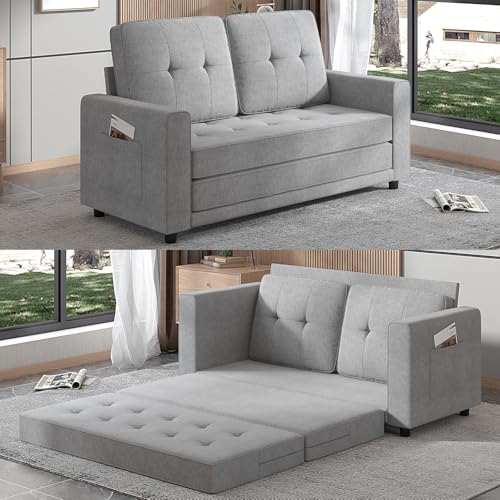 ZAFLY Modern 3-in-1 Convertible Sofa Bed, 84 Inch Tri-Fold Multi-Function Floor Sofa, Space-Saving Futon Couch Bed, Pull-Out Loveseat Sleeper, Ideal for Apartments, Dorms & Offices, Light Grey ZAFLY