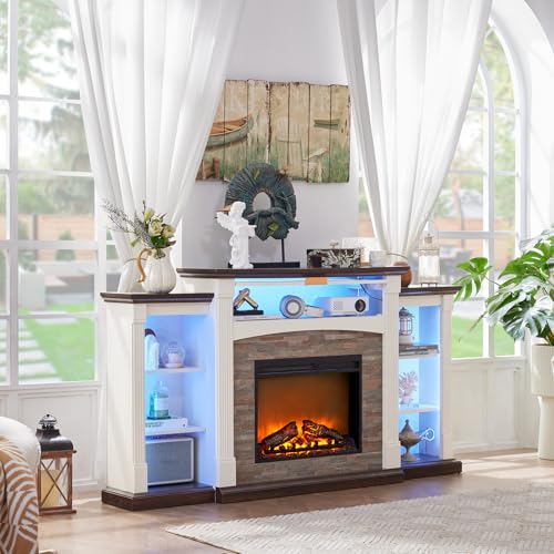 SAVOR LIFE Fireplace TV Stand for 80'' TV, 70" Electric Fireplace with Mantel, White Entertainment Center with Electric Fireplace & LED Lights, TV Console Fire Place TV Stands for Living Room SAVOR LIFE