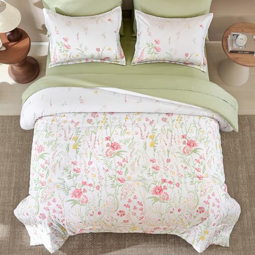 Yiran 7 Piece Floral Full Size Comforter Set, Pink Green Cute Comforters Bedding Set for Women Girls,Botanical Bed in a Bag Soft Lightweight Coquette Bedding Set with Sheets All Season