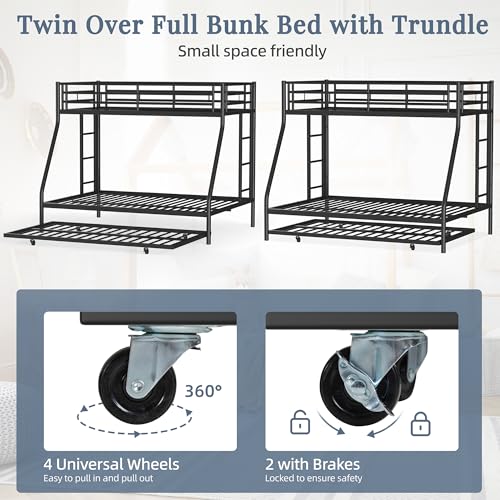 Shintenchi Bunk Bed Twin Over Full Size with Trundle, Heavy-Duty Twin&Full Frame with Full-Length Guardrail and Two Ladders, Triple for Kids, Teens and Adults, Space-Saving, Black Shintenchi