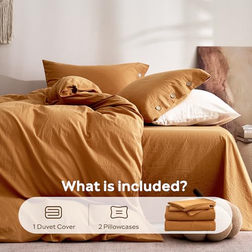 JELLYMONI 100% Washed Cotton Duvet Cover Full – Soft, Breathable Linen-Look Bedding with Natural Wrinkle Texture, Button Closure, 3-Piece Set (Amber Orange, 80"x90") JELLYMONI