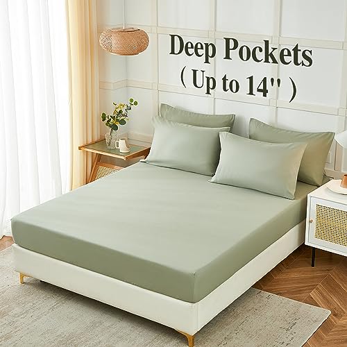 ILAVANDE Sage King Size Sheets Set 6 Piece,Super Soft 1800 Series Microfiber Bed Sheets King Set-Wrinkle & Fade Resistant-14“ Deep Pockets Sheets for King Size Bed(King,Sage Green) ILAVANDE