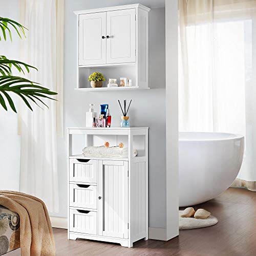 Yaheetech White Wooden Bathroom Floor Cabinet with 1 Door and 3 Drawers for Versatile Storage Yaheetech