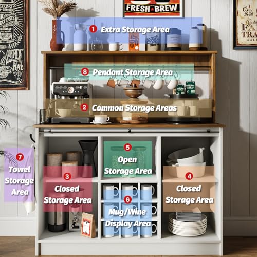 4ever2buy Farmhouse Coffee Bar Cabinet with 6 Hooks, 47'' Kitchen Coffee Bar with Hutch and 9 Wink Racks, White Coffee Bar Table with Sliding Barn Door for Dining Living Room 4ever2buy