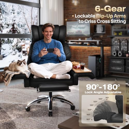 Ergonomic Office Chair with Footrest, Criss Cross Legged Desk Chair with Flip-Up Arms, Wider Thicker Spring Seat, Lumbar Pillow, Pet-Friendly, 500LBS Big and Tall Heavy-Duty Executive Leather Chair SUNNOW