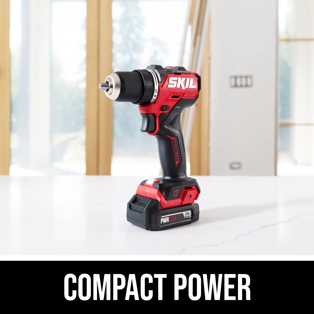 SKIL PWR CORE 12 Brushless 12V 1/2 In. Compact Varible-Speed Drill Driver Kit with 1/2'' Single-Sleeve, Keyless Chuck & LED Worklight Includes 2.0Ah Battery and PWR JUMP Charger - DL6290A-10 Skil
