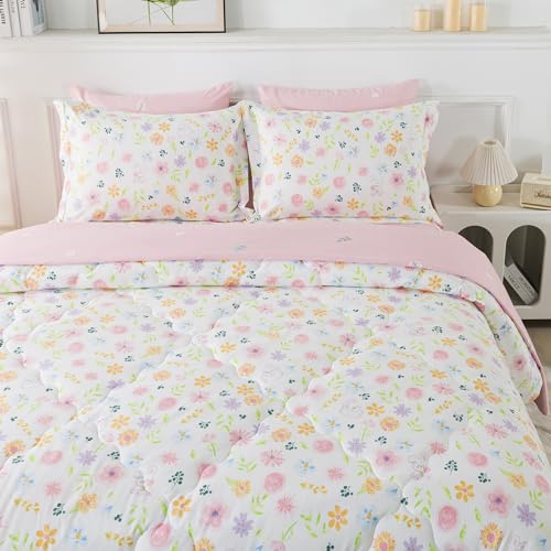 Wajade Floral Comforter Set Bed in A Bag Full Size 7 Piece Botanical Flower Green Leaves Rabbits Bedding Set for Girls (1 Comforter, 1 Flat Sheet, 1 Fitted Sheet, 2 Pillowcase and 2 Pillow Sham) Wajade