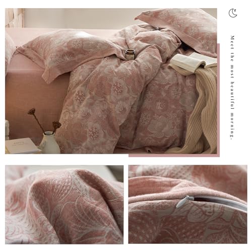 VM VOUGEMARKET Blush Pink Flower Duvet Cover Set Queen,3 Pieces Retro Jacquard Pink Floral Bedding Set,Linen Cotton Yarn-Dyed Textured Duvet Cover with Zipper Closure VM VOUGEMARKET