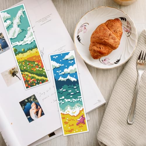 INFUNLY 6PCS Landscape Cross Stitch Bookmark Kit for Adults Mountain Cross Stitch Kits DIY Crossstitch Kits Natural Scenery Stamped Embroidery Bookmark Kit with Instructions for Book Lovers Readers