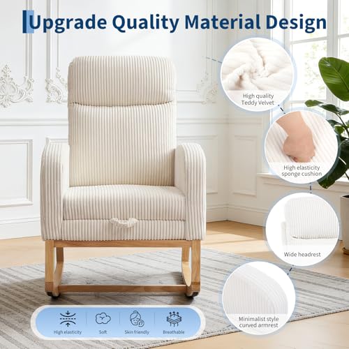 Garvee Teddy Fleece Nursery Rocking Chair,Upholstered Glider with 26" High Backrest, Padded Seat,Modern 300 Lbs Weight Capacity Accent Recliner for Living Room, Bedroom, Reading