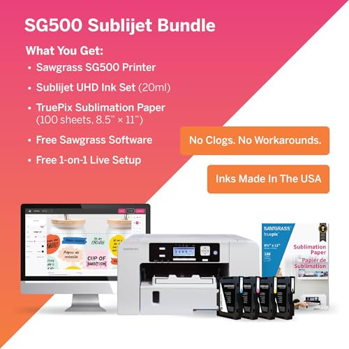 Sawgrass SG500 Sublimation Printer Starter Bundle | Anti-Clog Dye-Sublimation Printer with 20mL SubliJet UHD Inks & TruePix Paper | Purpose-Built for Sublimation | Wi-Fi Enabled | Easy Setup