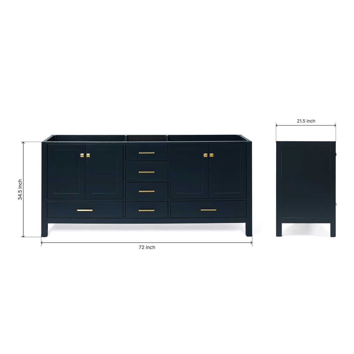 ARIEL 72" Midnight Blue Double Bathroom Vanity Base Cabinet, Double Sink Configuration, 2 Soft Closing Doors, 9 Full Extension Dovetail Drawers, Satin Brass ARIEL