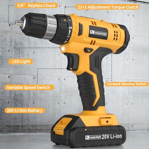 FADAKWALT Cordless Drill Set, 20V Electric Power Drill with Battery And Charger, Torque 30N, 21+1 Torque Setting, 3/8-Inch Keyless Chuck, Drill Driver Bits Kit, with LED Electric Drill Set. (Yellow) FADAKWALT