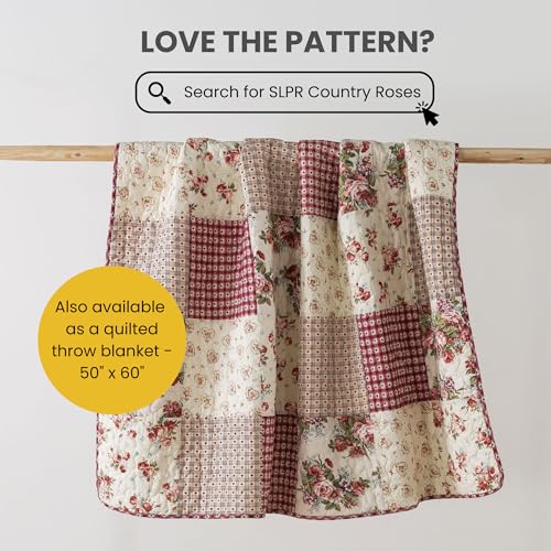SLPR Country Roses Patchwork Cotton Pieced Quilt Set - Twin Size with 1 Sham, French Country Style Floral Bedding, Red Rose Farmhouse Quilted Bedspread with Flower Pattern SLPR