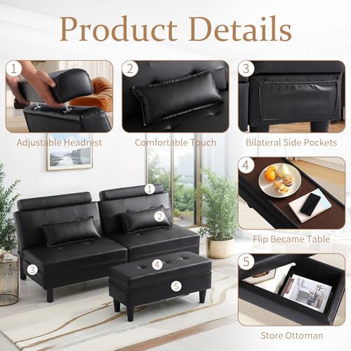 DRMBOOK Convertible Futon Sofa Bed Set with Storage Ottoman, Adjustable Recliner Sleeper Sofa Bed with Side Pocket, Comfy Futon Couch with Table for Living Room, Dorm, Office (Faux Leather, Black) DRMBOOK