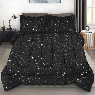 Pamnest Comforter Set Twin Size, Space Starry Black Soft 2 Pcs Bedding for Kids and Adults, Star Sky Comforter Set with Pillowcase, for Bedroom Bed Decor