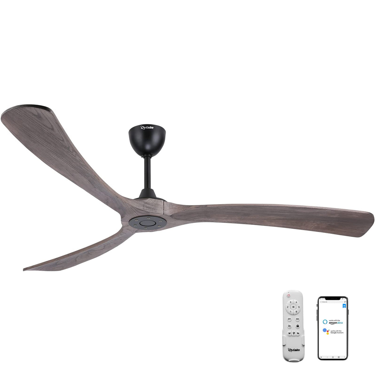 Ovlaim 72 Inch Large Wood Smart Wifi Ceiling Fan without Light, 3 Blade Indoor Outdoor High CFM Quiet DC Motor Ceiling Fan No Light Ovlaim