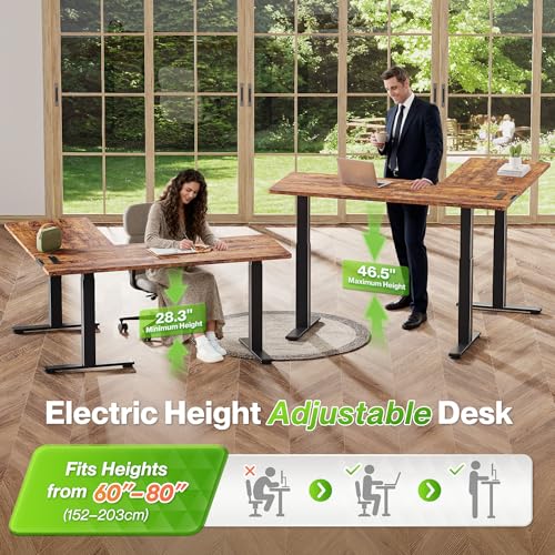 Huuger L Shaped Standing Desk with Power Outlets, 63 x 55 Inch Height Adjustable Computer Desk for Bedroom, Corner Stand up Desk for Home and Office, Work and Study, Rustic Brown Huuger