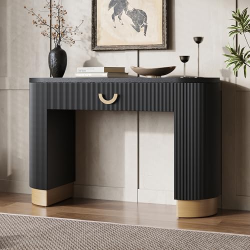 Merax Modern Vertical Ribbed Console Table with Functional Storage Drawer & Column Legs, Entryway Hallway Sofatable for Living Room, Black Merax
