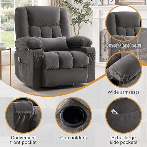 Swivel Rocker Recliner Chair with Vibration Massage and Heating Functions for Adults,Oversized Recliner Single Sofa with Side Pocket,Two Cup Holders for Living Room and Bedroom
