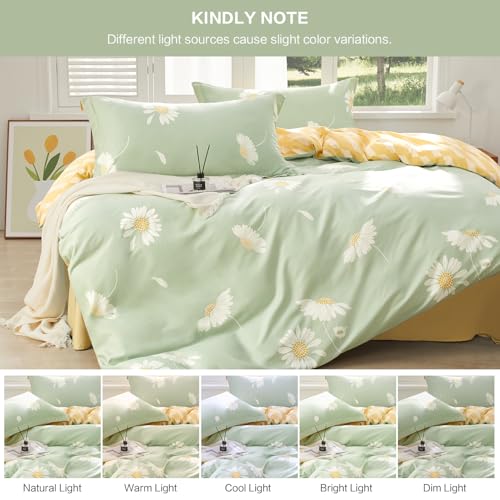 SAPHREAS Floral Daisy Duvet Cover Set Full Size 3pcs Sage Green White Flower Bedding Comforter Cover Set 100% Cotton 1 Duvet Cover 90"x80" 2 Pillow Shams, Comforter Not Included SAPHREAS