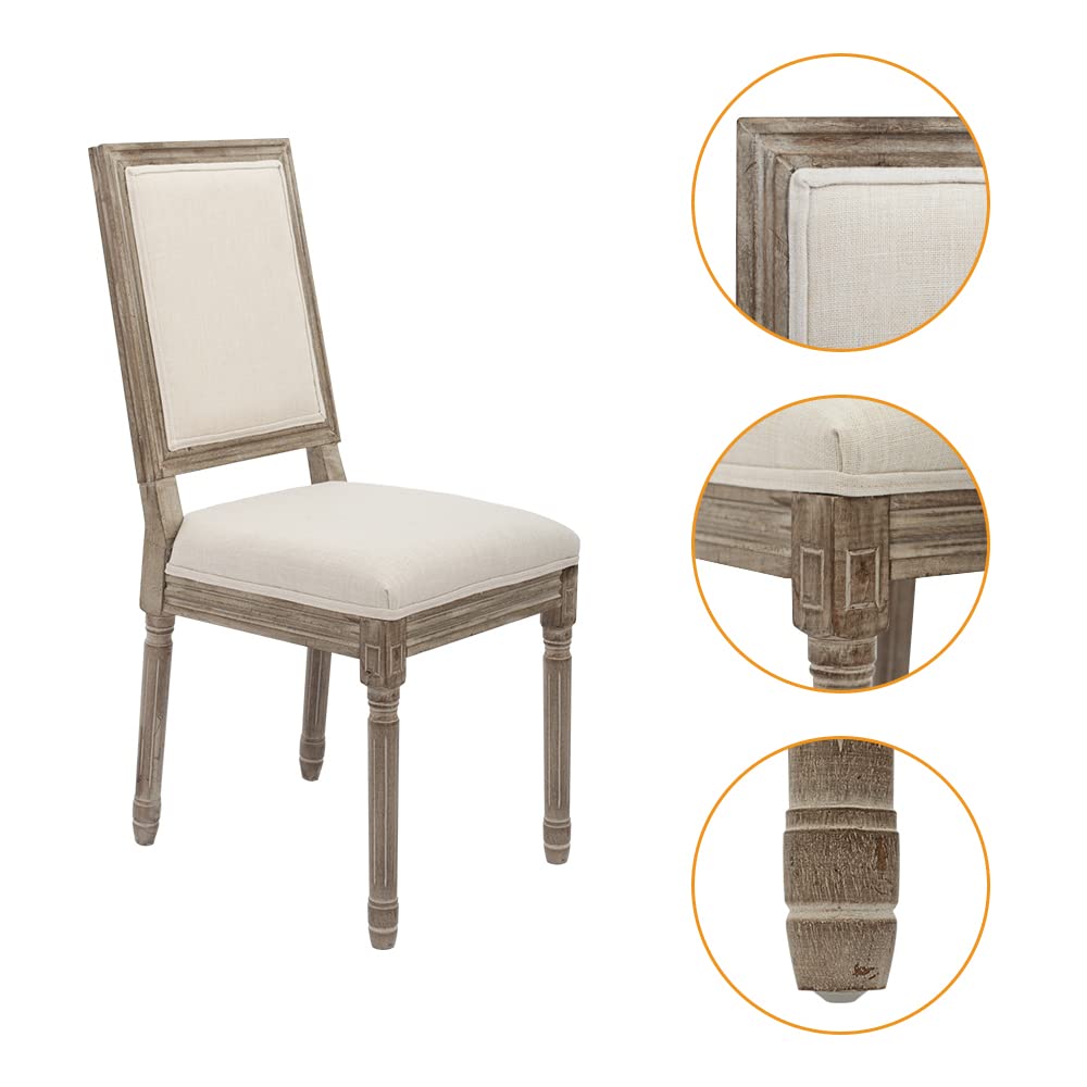 CangLong Farmhouse Dining Room Accent Chairs, Modern Distressed Bedroom Chairs with Square Back, Elegant Kitchen Chairs Side Chair, Set of 2, Fabric Back in Beige CangLong