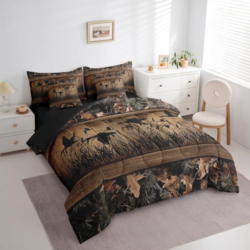 Erosebridal 7 Piece Camo Mallard Duck Comforter Set with Sheets for Kids Boys Men Rustic Farmhouse Cabin Bed in A Bag Queen,Hunting Woodland Duck Bedding Set Country Wood Board Animal Bed Set Erosebridal