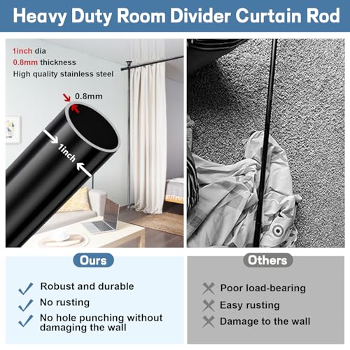Room Divider Curtain Rod, No Drilling Rod, 48-120inch (H) 28-144inch(W) Adjustable Partition Hanging Room Dividers, Room Partitions and Dividers Floor to Ceiling Self Stand for Space Partition Black CALCHELE