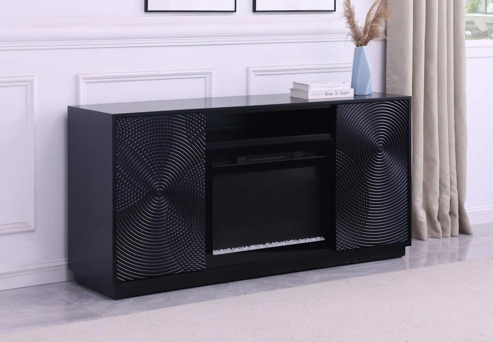 First of a Kind Weston Electric Fireplace TV Stand - Modern LED Light Entertainment Center with Wireless Charging & Bluetooth Speaker - Includes 2 Doors & 2 Shelves Inside, Black First of a Kind