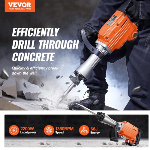 VEVOR Demolition Jack Hammer, MAX 2200W Electric Jackhammer Heavy Duty, 1350 BPM Concrete Breaker, 6pcs Chisels Bit Chipping with Case VEVOR