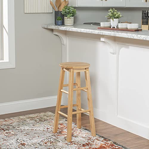 PJ Wood 29 Inch Tall Classic Round Seat Kitchen Counter Bar Stools 2 Pack with 4 Square Legs for Homes, Dining Spaces, and Bars, Natural PJ Wood