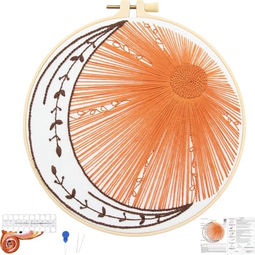 Crafmanoe Hand Embroidery Kits for Beginners Adults, Sun Moon Embroidery Starter Kits, Stamped Cross Stitch Kits DIY Needlepoint Kit for Beginners Adults, Embroidery Hoop, Thread and Video Tutorial