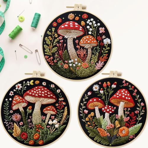 SCECALA 4 Pack Mushroom Embroidery Kit - Botanical Flower Floral Hand Embroidery Kit for Beginners with Pattern, Complete Cross Stitch Supplies DIY Craft for Adults Sewing Hobby, 1pc Hoops