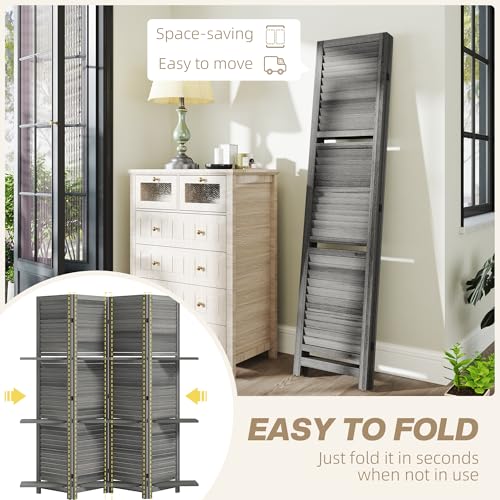 HOMCOM Room Divider, 4 Panel 67" Tall Wood Privacy Screen with 3 Display Shelves, and Folding Storage for Bedroom or Home Office, Gray HOMCOM
