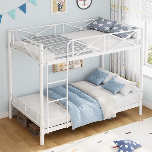 IDEALHOUSE Metal Bunk Bed Twin Over Twin, Modern Heavy Duty Bunkbeds with Safety Guard Rails & Space-Saving Design, Steel Twin Bunk Beds for School, Bedroom, White IDEALHOUSE