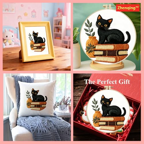 Zhenqing Black Cat Embroidery Kit for Beginners, Pre-Printed 29x29cm Cotton Fabric with 20cm Hoop, Cat on Books with Plant Design for Home Decor(C0075)