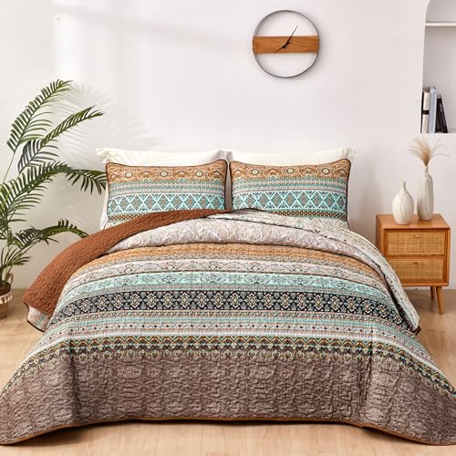WONGS BEDDING Boho Fall Quilt Set Twin, Brown Bohemian Quilt Bedding Set, Ultra Soft Lightweight Bedspread for All Season Reversible Microfiber Coverlet Bedding Set 68"x86"(3 Pieces) WONGS BEDDING