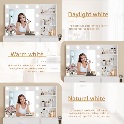 Furmax Vanity Desk with LED Lighted Mirror&Power Outlet, Makeup Vanity Table with 4 Drawers, 3 Open Storage Shelves, and 3 Color Modes, for Bedroom (Pure White) Furmax