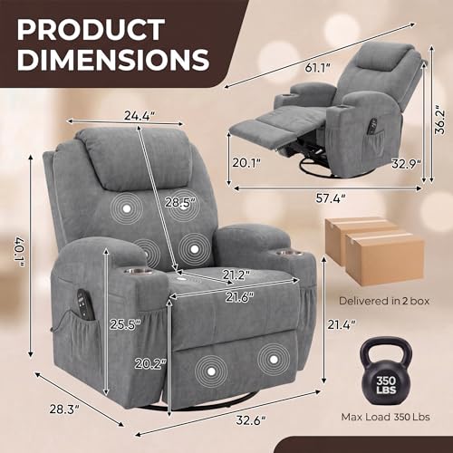 JUMMICO Small Swivel Rocker Recliner, 360 Rocking Chair Recliner with Massage, Upholstered Fabric Rocker Recliner with Cup Holder for Living Room, Bedroom, Nursery (Gray)