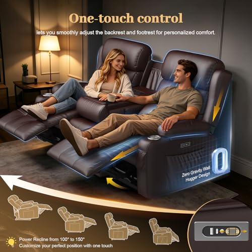 Aotolo Power Reclining Loveseat Sofa with Console, Wall Hugger RV Recliner Couch, Home Theater Seating with Heating & Massage, Bluetooth Speaker, LED Light, USB & Type-C Ports, Storage Armrests