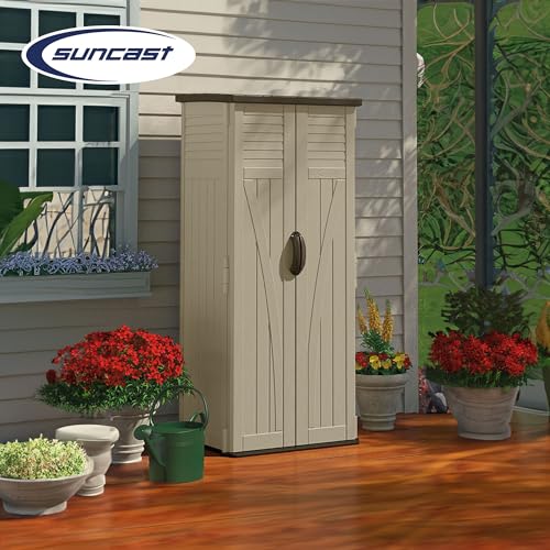 Suncast 22 Cubic Feet Capacity Tall Plastic Vertical Outdoor Shed for Garden, Backyard, Patio, or Pool Supplies Storage, Brown Suncast