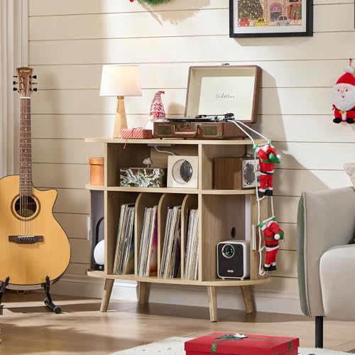 LELELINKY Large Round Record Player Stand with Charging Station & Fluted Display Shelf, Natural Mid Century Modern Turntable Cabinet with Vinyl Storage, Arched Wood Record Player Table for Living Room LELELINKY