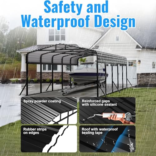 12x25FT Metal Car Port, Extended Carport 12x25 Heavy Duty with Reinforced Frame & Side Support Poles for All-Weather, Large Carport for Pickup Trucks, Boats, Cars & Tractors WUKHG