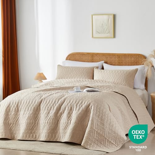 akkialla King/Cal King Size Quilt Bedding Set,Beige Lightweight Microfiber Soft Bedspread,Modern Style Geometric Pattern Coverlet Set for All Seasons,3 Piece(1 Quilt,2 Pillow Shams) akkialla